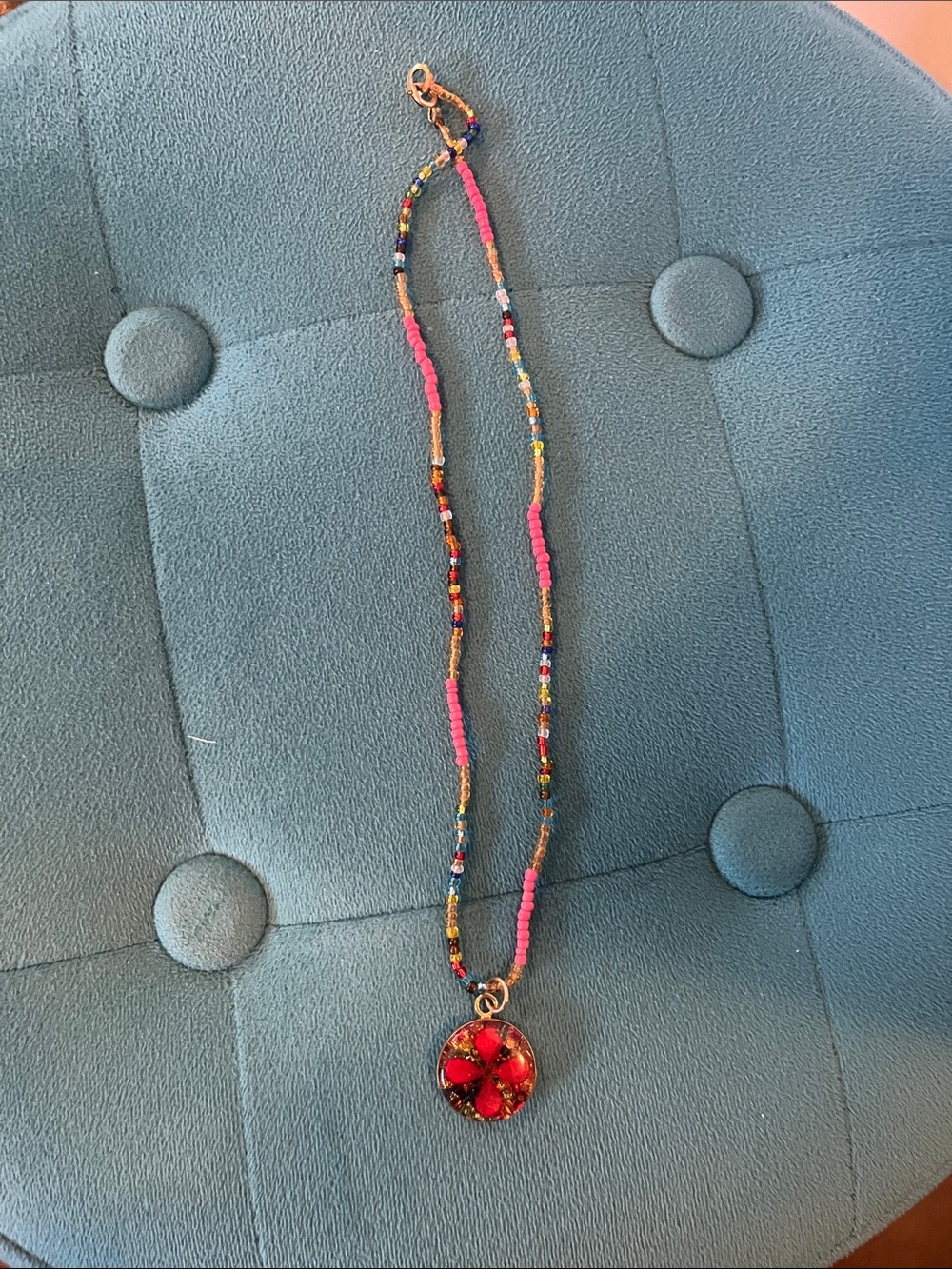 Beaded Pink Multicolor Necklace with Red Flower Pendant